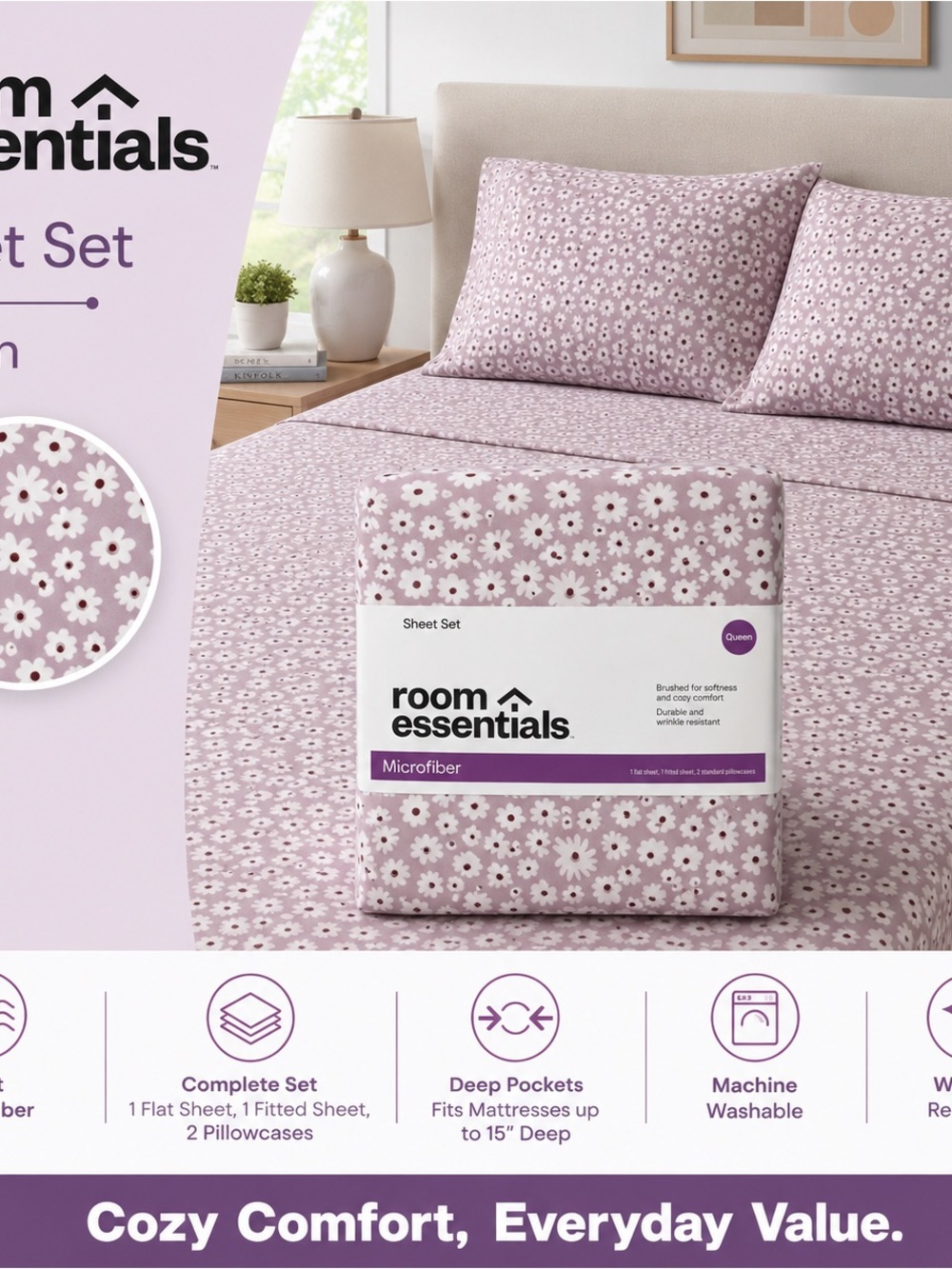 Room Essentials Lavender Daisy Microfiber Sheet Set